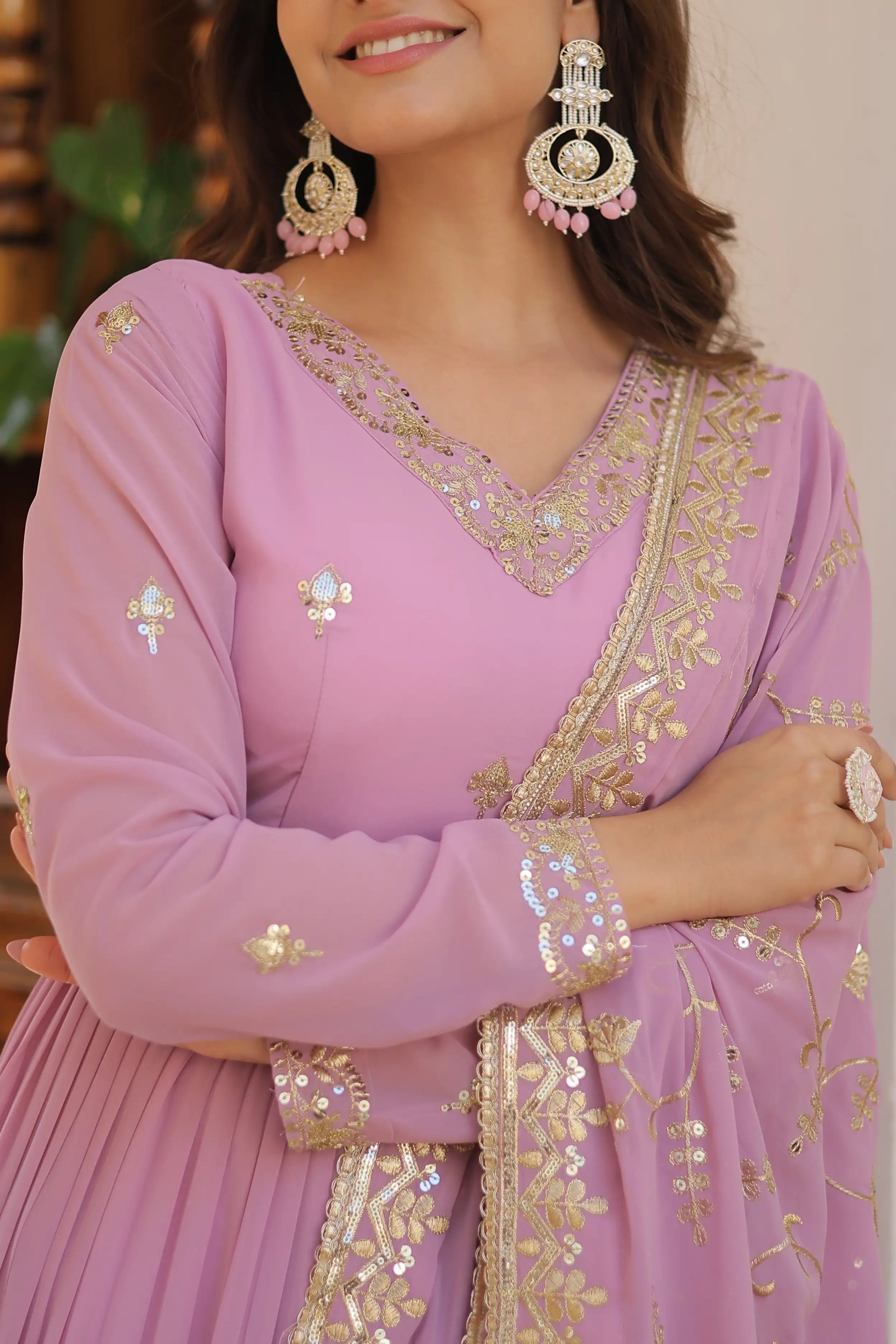Purple Faux Georgette Designer Gown with Sequined Dupatta – Fully Flared Elegant Ready-to-Wear Set