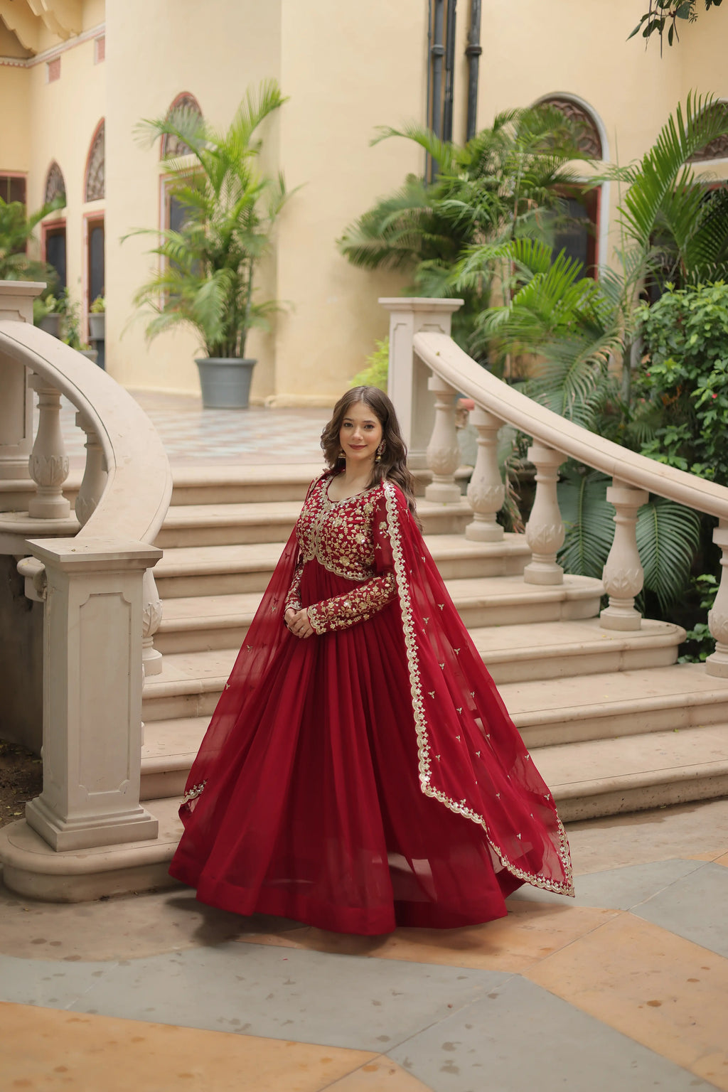 Maroon Faux Blooming Sequins & Zari Embroidered Gown with Matching Dupatta
