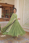 Green Faux Georgette Designer Gown with Sequined Dupatta – Fully Flared Elegant Ready-to-Wear Set
