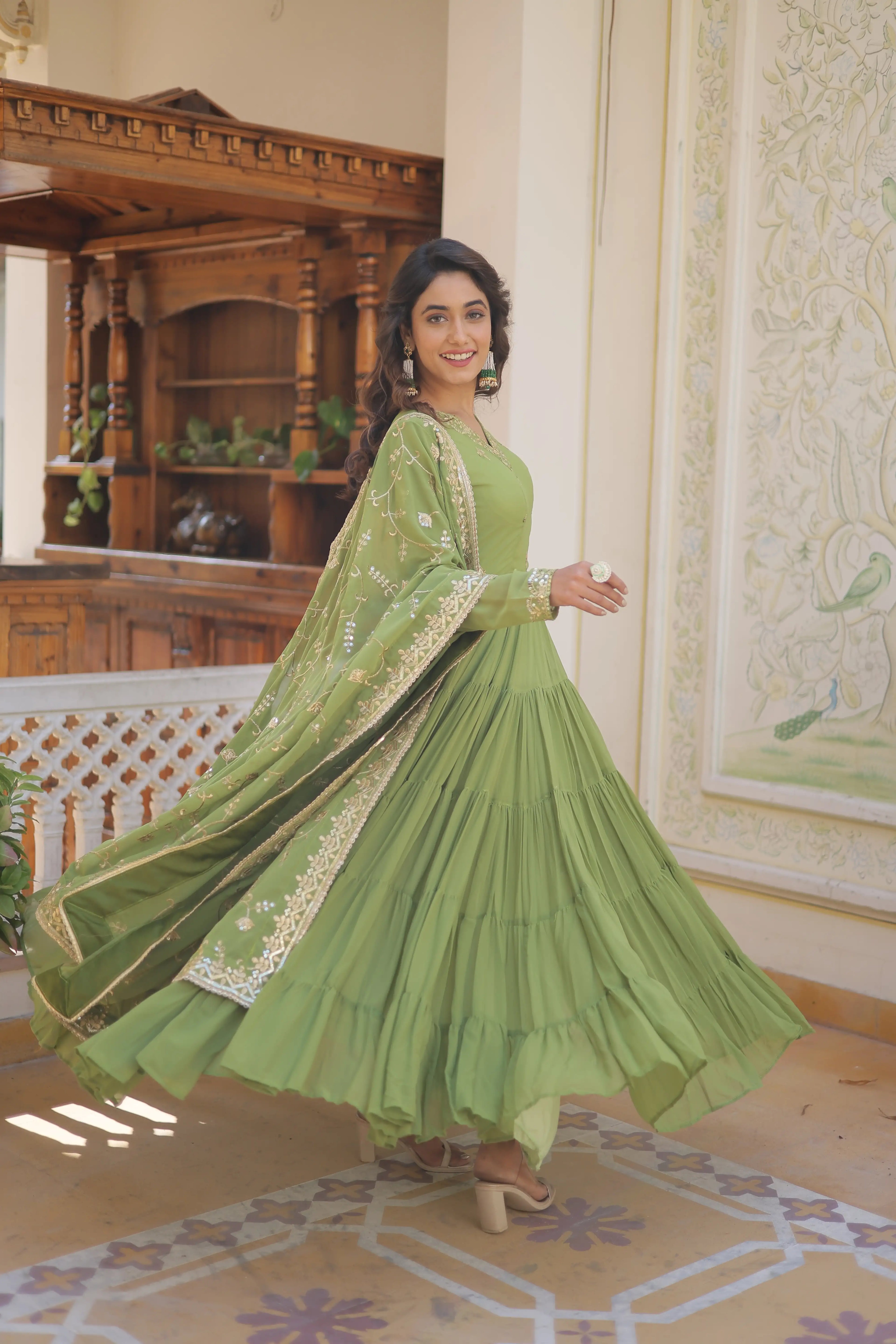 Green Faux Georgette Designer Gown with Sequined Dupatta – Fully Flared Elegant Ready-to-Wear Set