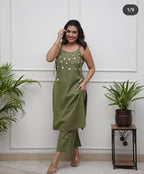 Women's Cotton Embroidery Sleeveless Kurti With Ankle length Pant Set