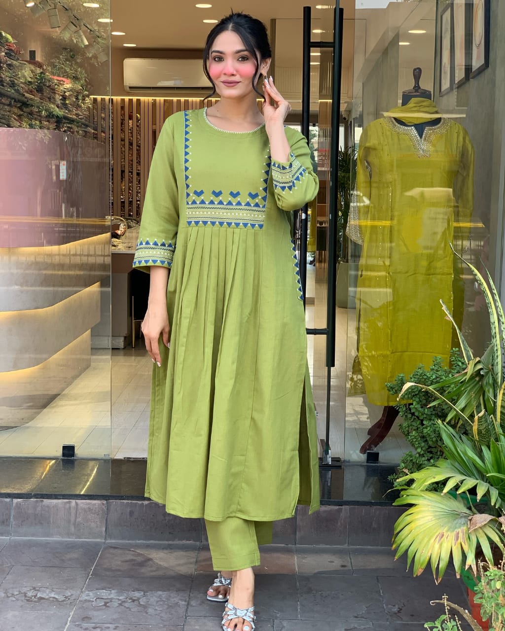 Women's Rayon Embroidered A-Line Kurti With Pant Set