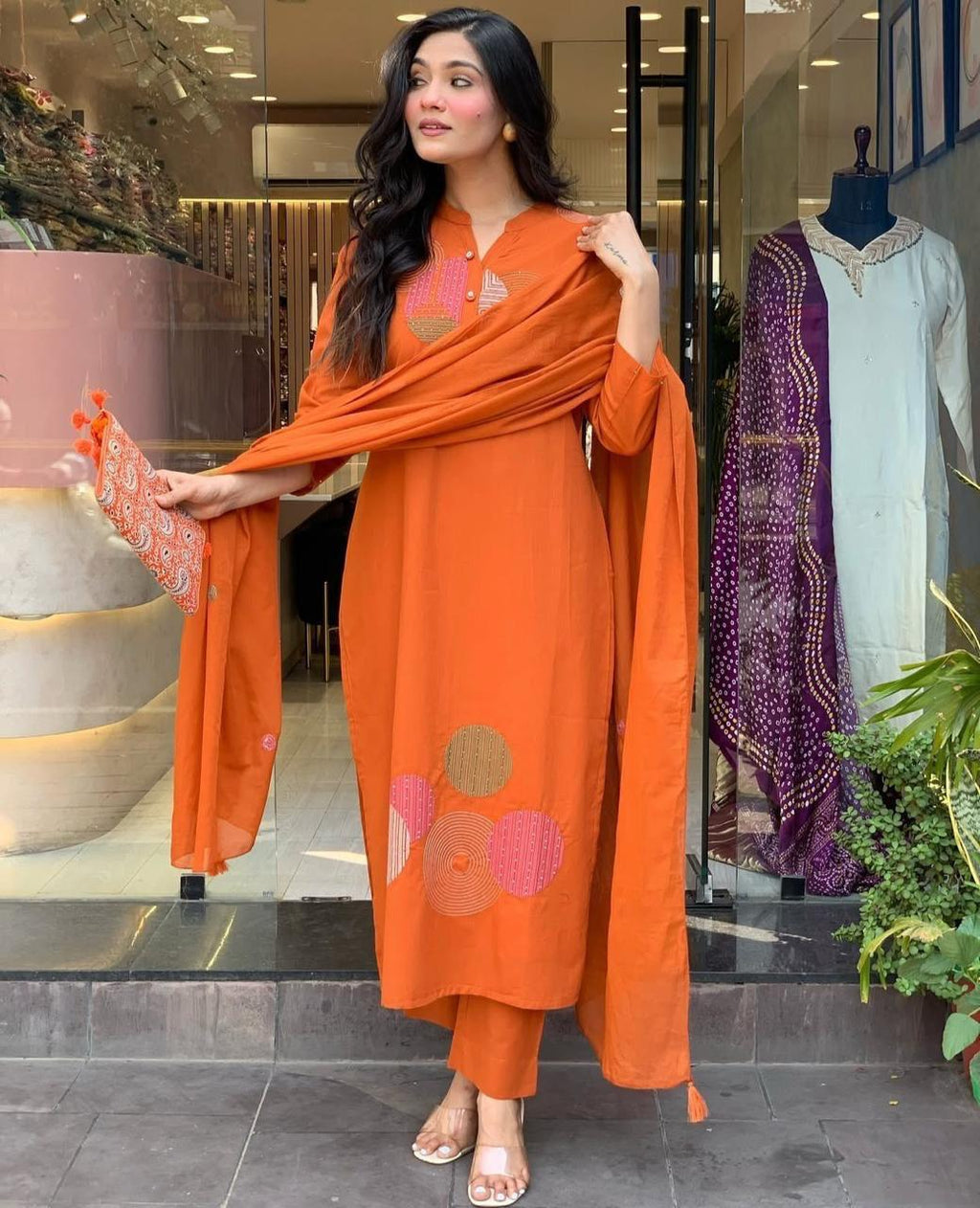 Women's Cotton Embroidery Straight Kurti Pant With Dupatta Set