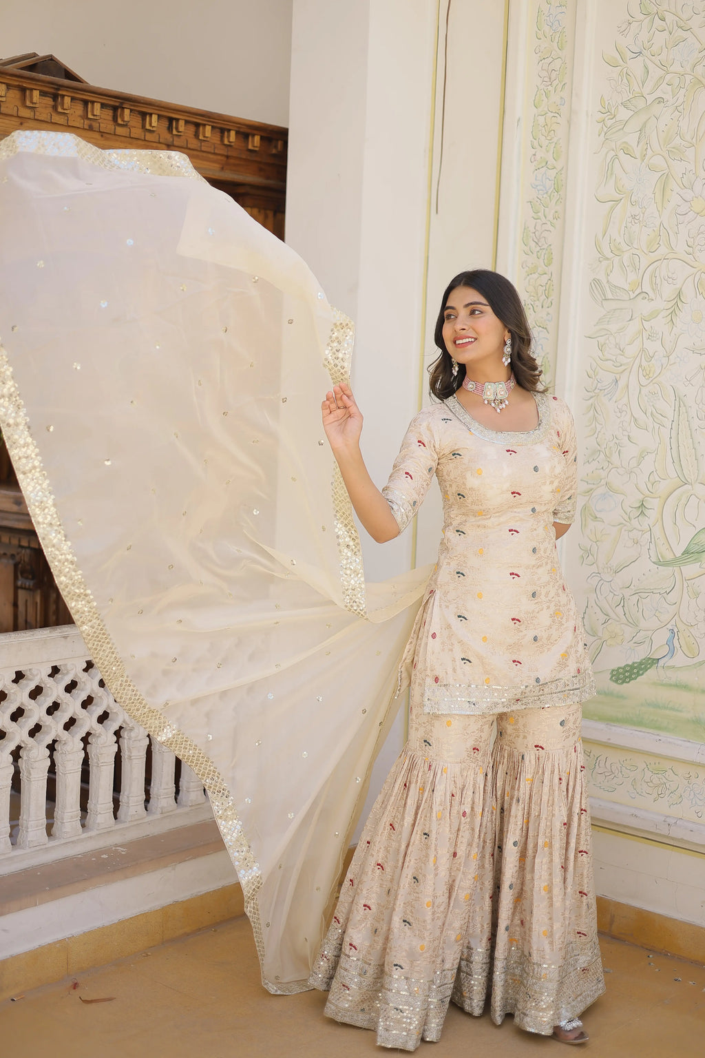 White Faux Blooming Sequins Embroidered Sharara Set with Matching Dupatta – Festive & Party Wear