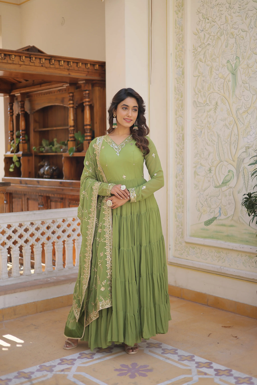 Green Faux Georgette Designer Gown with Sequined Dupatta – Fully Flared Elegant Ready-to-Wear Set