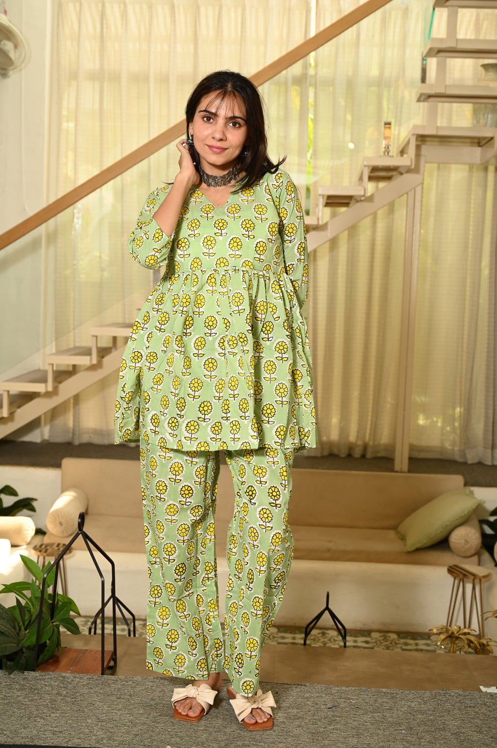 Green Floral Print Cotton Co-ord Set for Women – Peplum Top & Straight Pants, Casual Ethnic Wear