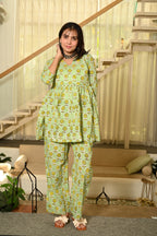 Green Floral Print Cotton Co-ord Set for Women – Peplum Top & Straight Pants, Casual Ethnic Wear