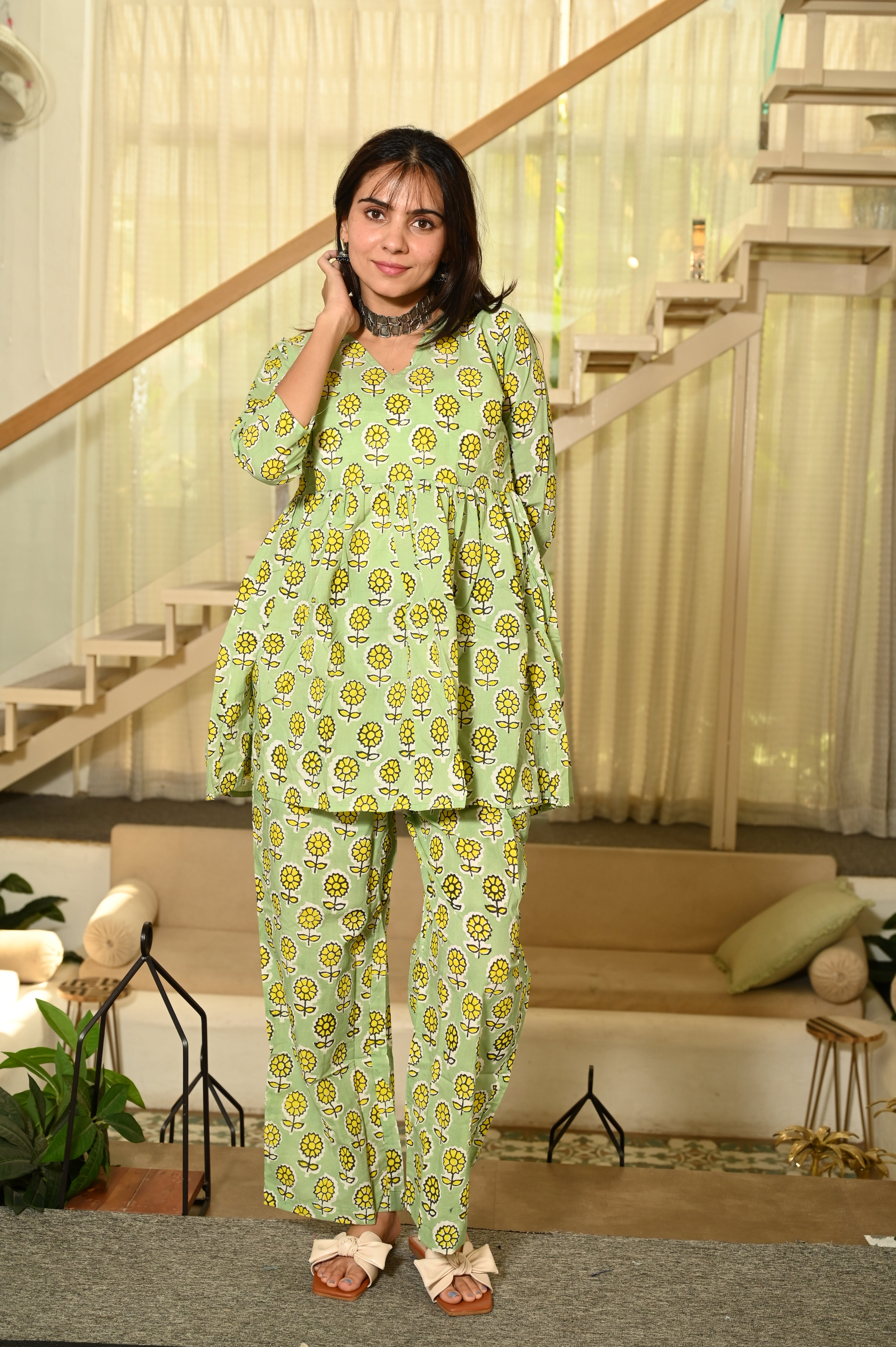 Green Floral Print Cotton Co-ord Set for Women – Peplum Top & Straight Pants, Casual Ethnic Wear