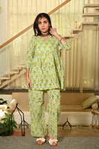 Green Floral Print Cotton Co-ord Set for Women – Peplum Top & Straight Pants, Casual Ethnic Wear