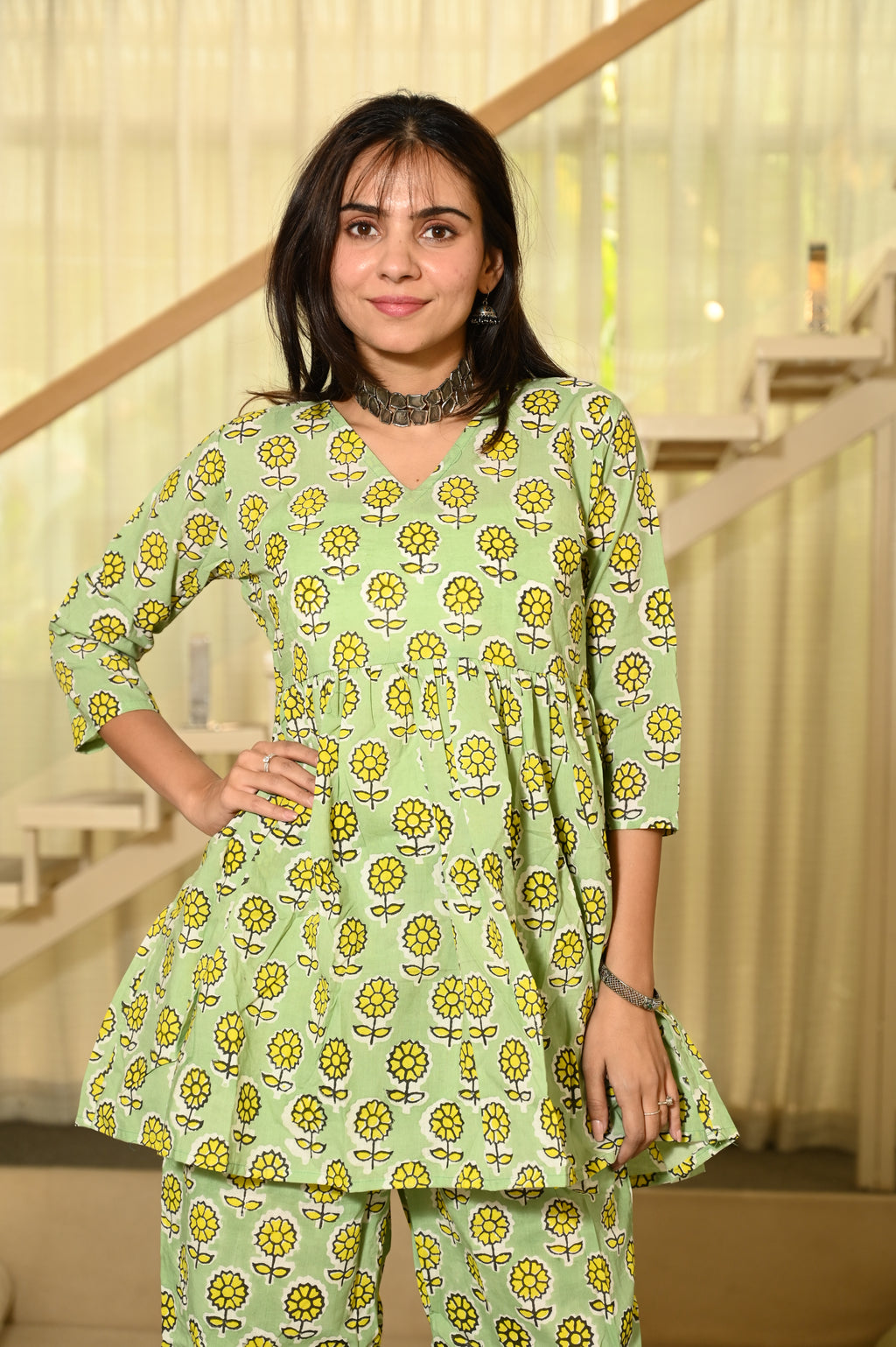 Green Floral Print Cotton Co-ord Set for Women – Peplum Top & Straight Pants, Casual Ethnic Wear