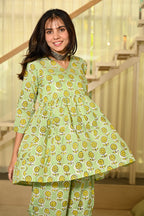Green Floral Print Cotton Co-ord Set for Women – Peplum Top & Straight Pants, Casual Ethnic Wear