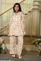 Off-White Floral Print Cotton Co-ord Set for Women – Peplum Kurta & Straight Pants, Casual Ethnic Wear