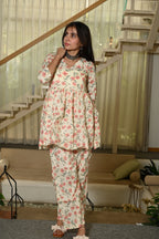 Off-White Floral Print Cotton Co-ord Set for Women – Peplum Kurta & Straight Pants, Casual Ethnic Wear