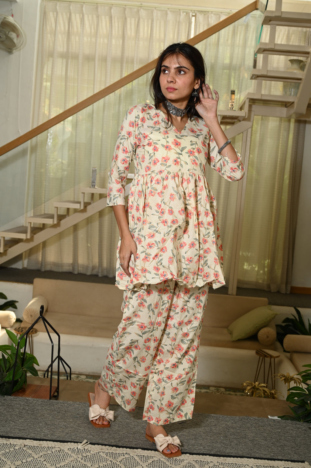 Off-White Floral Print Cotton Co-ord Set for Women – Peplum Kurta & Straight Pants, Casual Ethnic Wear