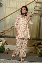 Off-White Floral Print Cotton Co-ord Set for Women – Peplum Kurta & Straight Pants, Casual Ethnic Wear