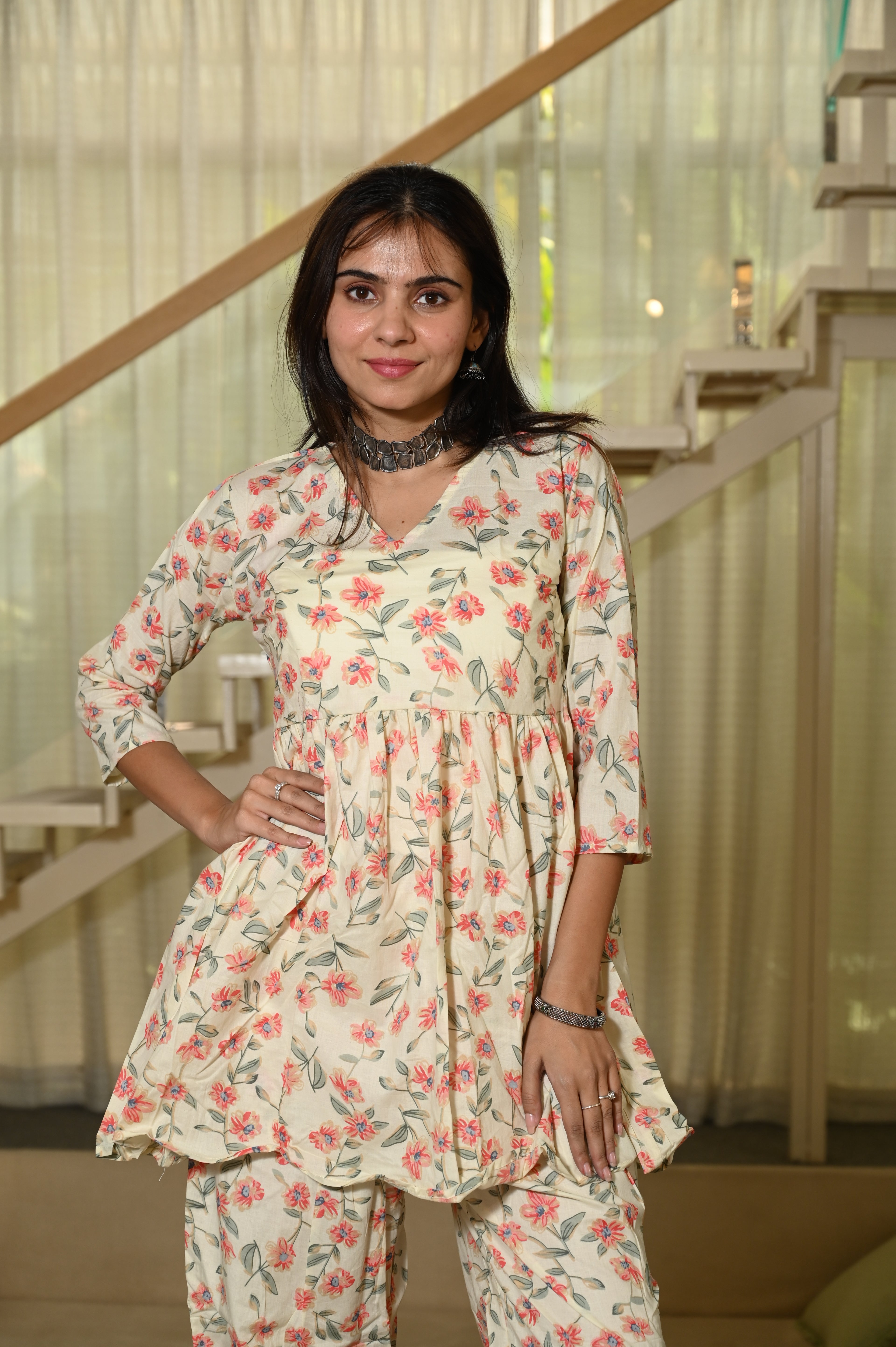 Off-White Floral Print Cotton Co-ord Set for Women – Peplum Kurta & Straight Pants, Casual Ethnic Wear