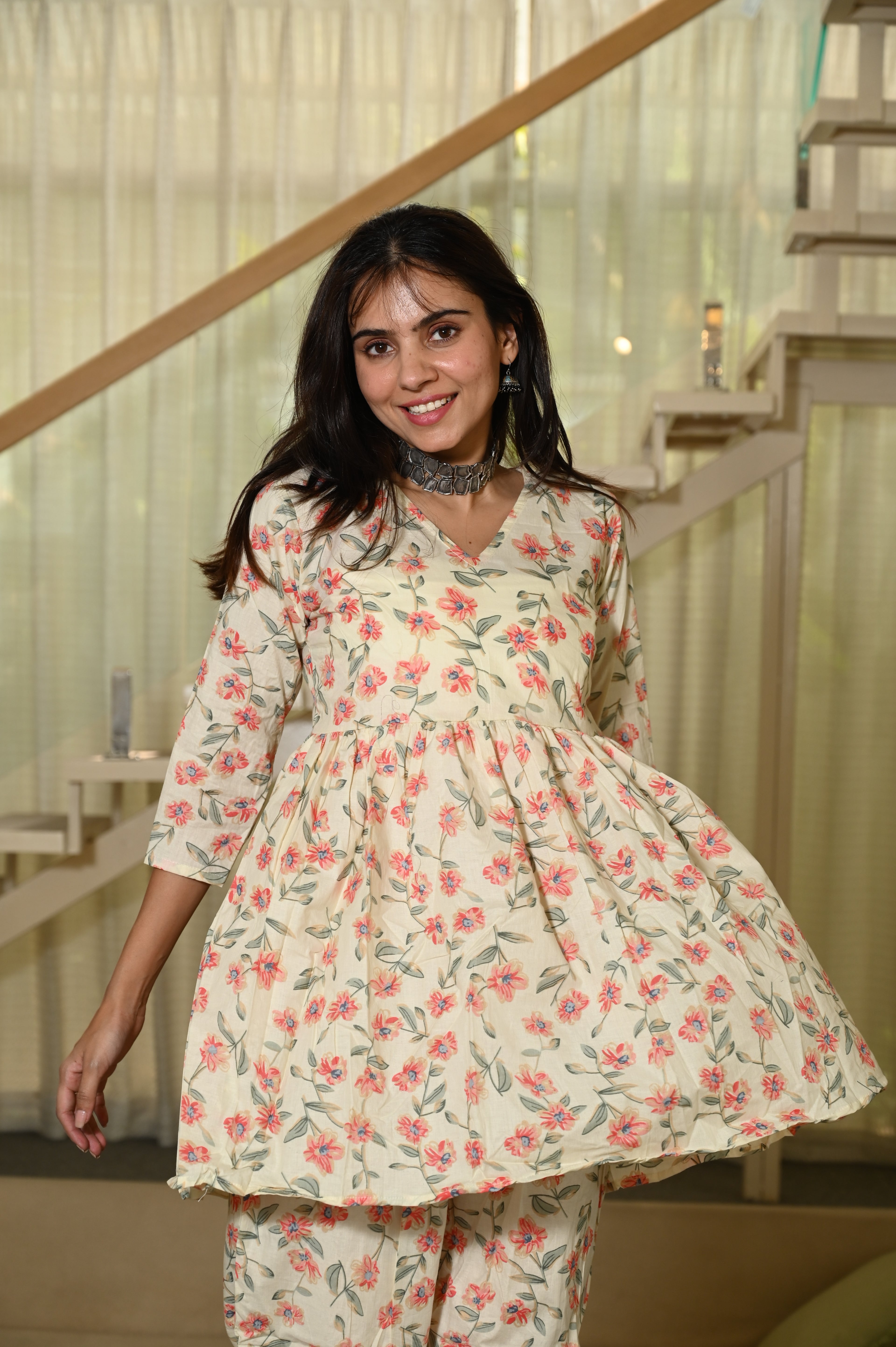 Off-White Floral Print Cotton Co-ord Set for Women – Peplum Kurta & Straight Pants, Casual Ethnic Wear