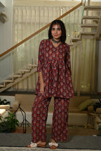 Maroon Block Print Cotton Co-ord Set for Women – Peplum Kurta & Straight Pants, Casual Ethnic Wear
