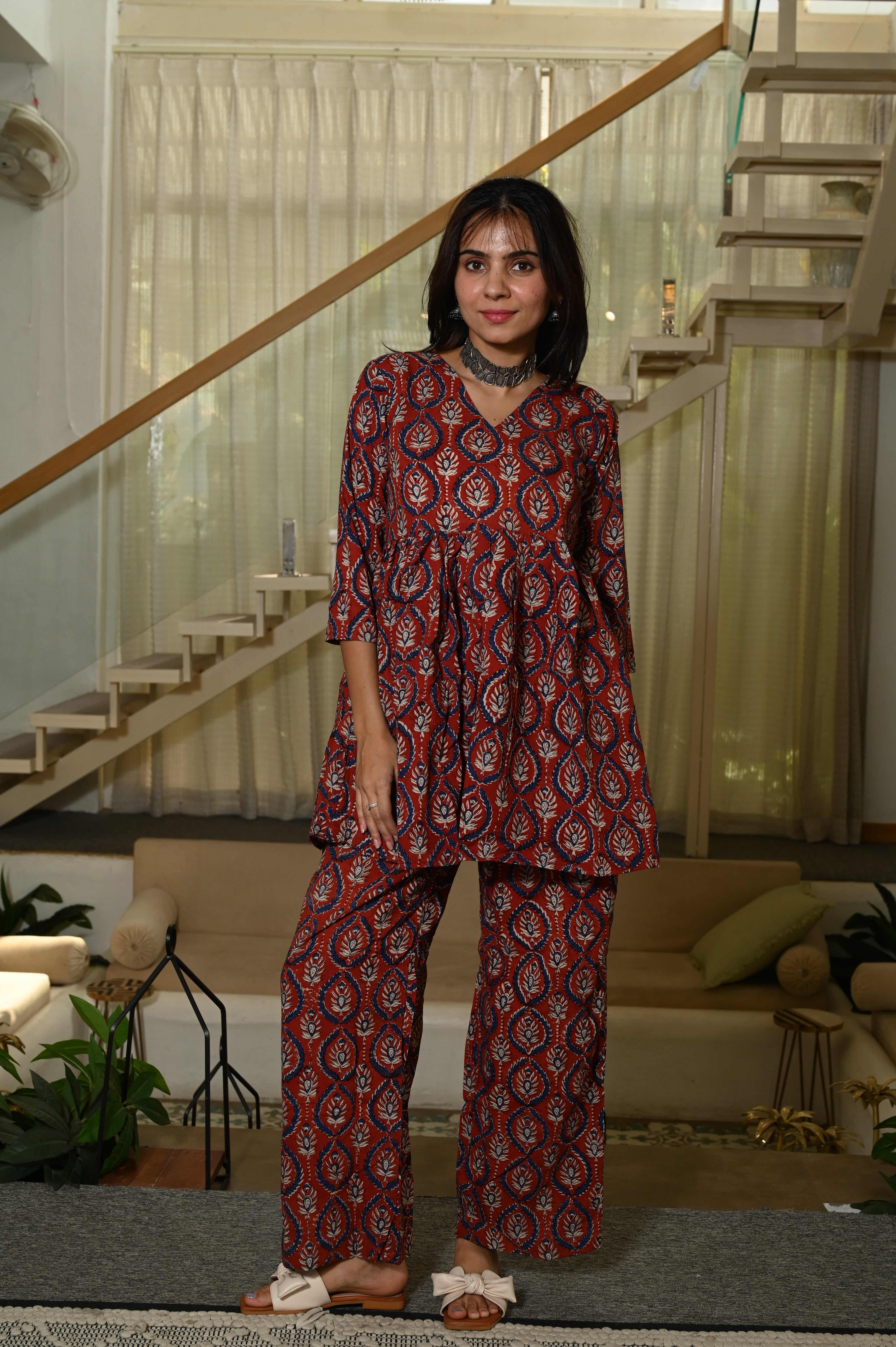 Maroon Block Print Cotton Co-ord Set for Women – Peplum Kurta & Straight Pants, Casual Ethnic Wear