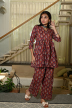 Maroon Block Print Cotton Co-ord Set for Women – Peplum Kurta & Straight Pants, Casual Ethnic Wear