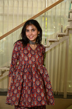 Maroon Block Print Cotton Co-ord Set for Women – Peplum Kurta & Straight Pants, Casual Ethnic Wear