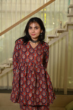Maroon Block Print Cotton Co-ord Set for Women – Peplum Kurta & Straight Pants, Casual Ethnic Wear