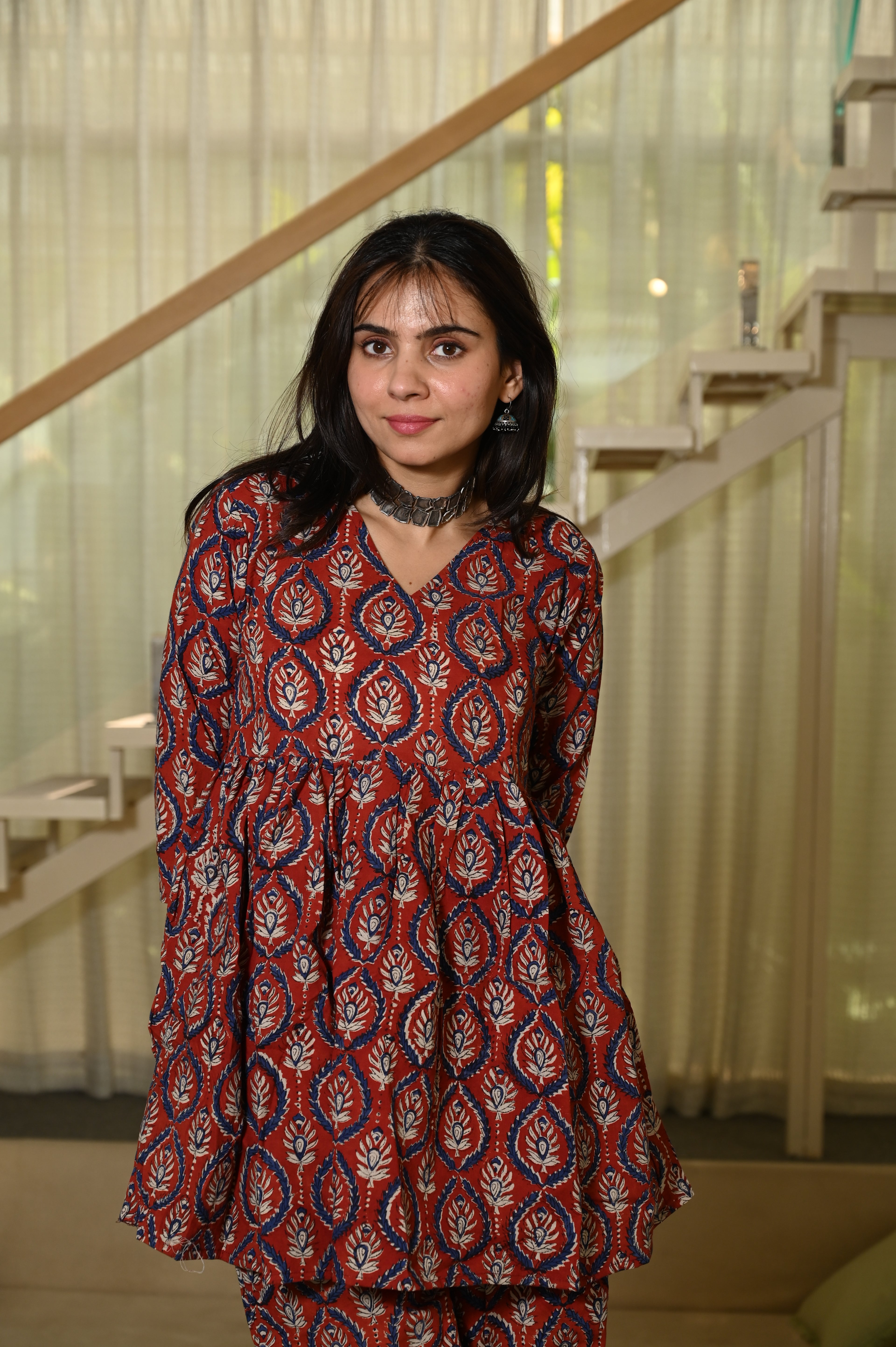 Maroon Block Print Cotton Co-ord Set for Women – Peplum Kurta & Straight Pants, Casual Ethnic Wear