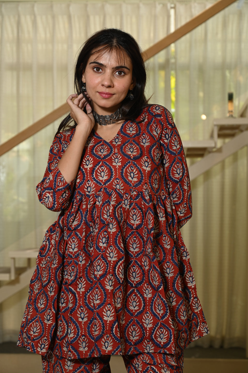 Maroon Block Print Cotton Co-ord Set for Women – Peplum Kurta & Straight Pants, Casual Ethnic Wear