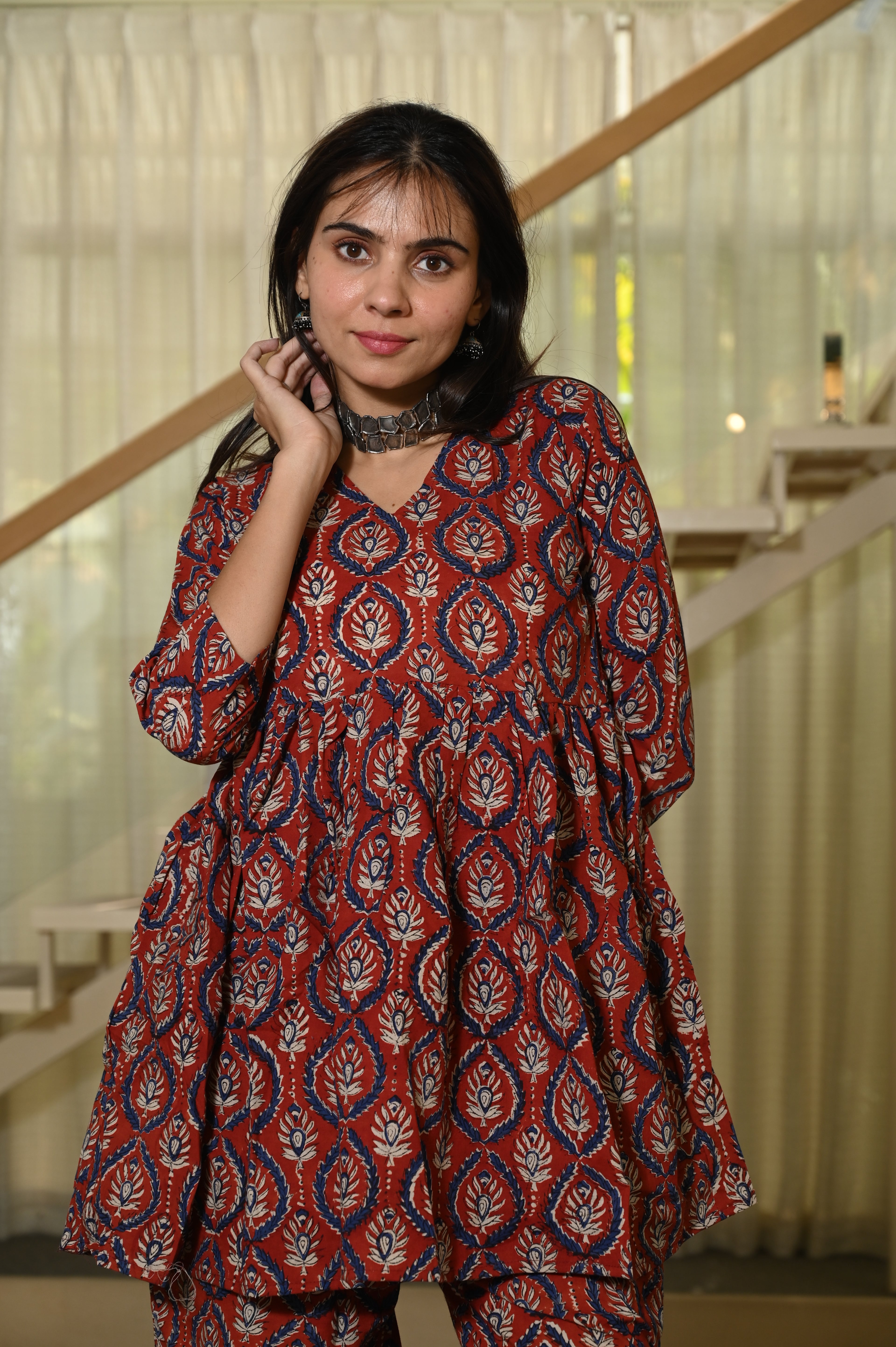 Maroon Block Print Cotton Co-ord Set for Women – Peplum Kurta & Straight Pants, Casual Ethnic Wear