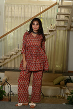 Rust Red Floral Block Print Cotton Co-ord Set for Women – Peplum Kurta with Straight Pants