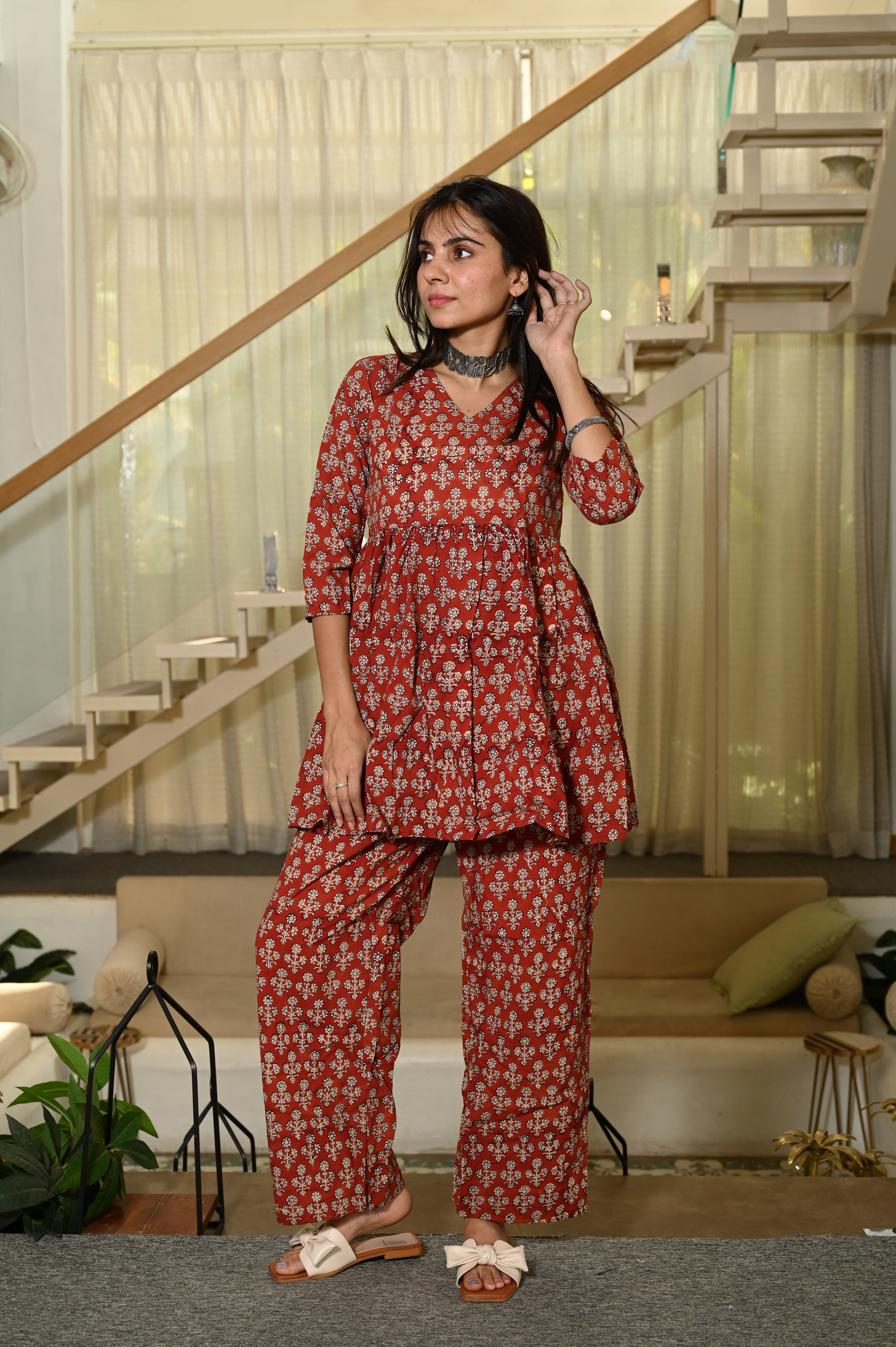 Rust Red Floral Block Print Cotton Co-ord Set for Women – Peplum Kurta with Straight Pants
