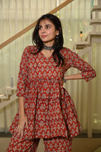 Rust Red Floral Block Print Cotton Co-ord Set for Women – Peplum Kurta with Straight Pants