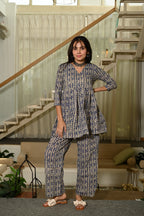 Blue Floral Block Print Cotton Co-ord Set for Women – Peplum Kurta with Straight Pants