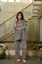 Blue Floral Block Print Cotton Co-ord Set for Women – Peplum Kurta with Straight Pants