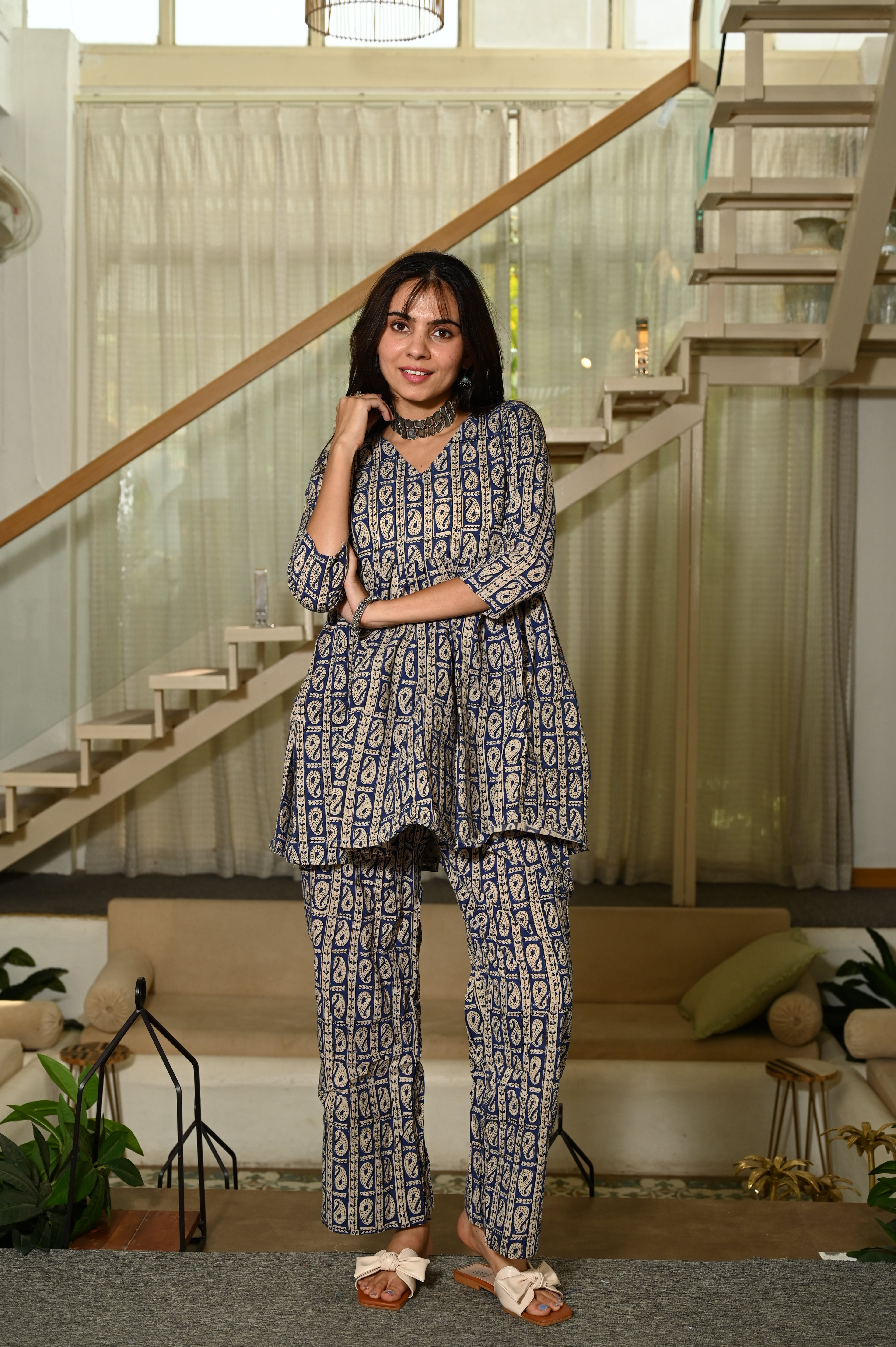 Blue Floral Block Print Cotton Co-ord Set for Women – Peplum Kurta with Straight Pants