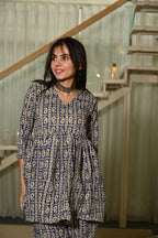 Blue Floral Block Print Cotton Co-ord Set for Women – Peplum Kurta with Straight Pants