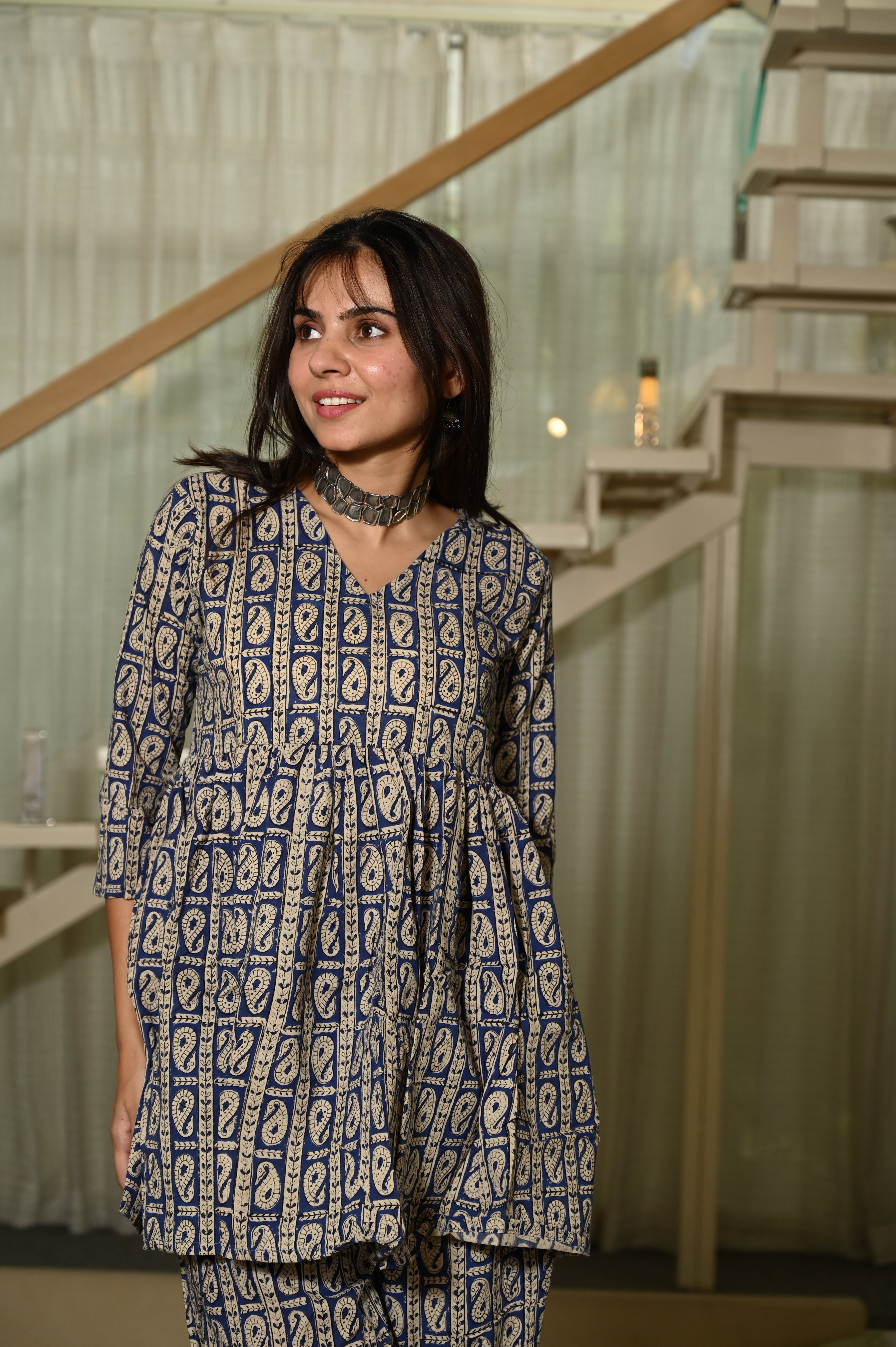 Blue Floral Block Print Cotton Co-ord Set for Women – Peplum Kurta with Straight Pants