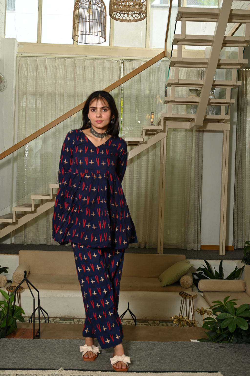 Navy Blue Printed Block Print Cotton Co-ord Set for Women – Peplum Kurta with Straight Pants