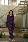Navy Blue Printed Block Print Cotton Co-ord Set for Women – Peplum Kurta with Straight Pants