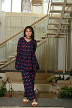 Navy Blue Printed Block Print Cotton Co-ord Set for Women – Peplum Kurta with Straight Pants
