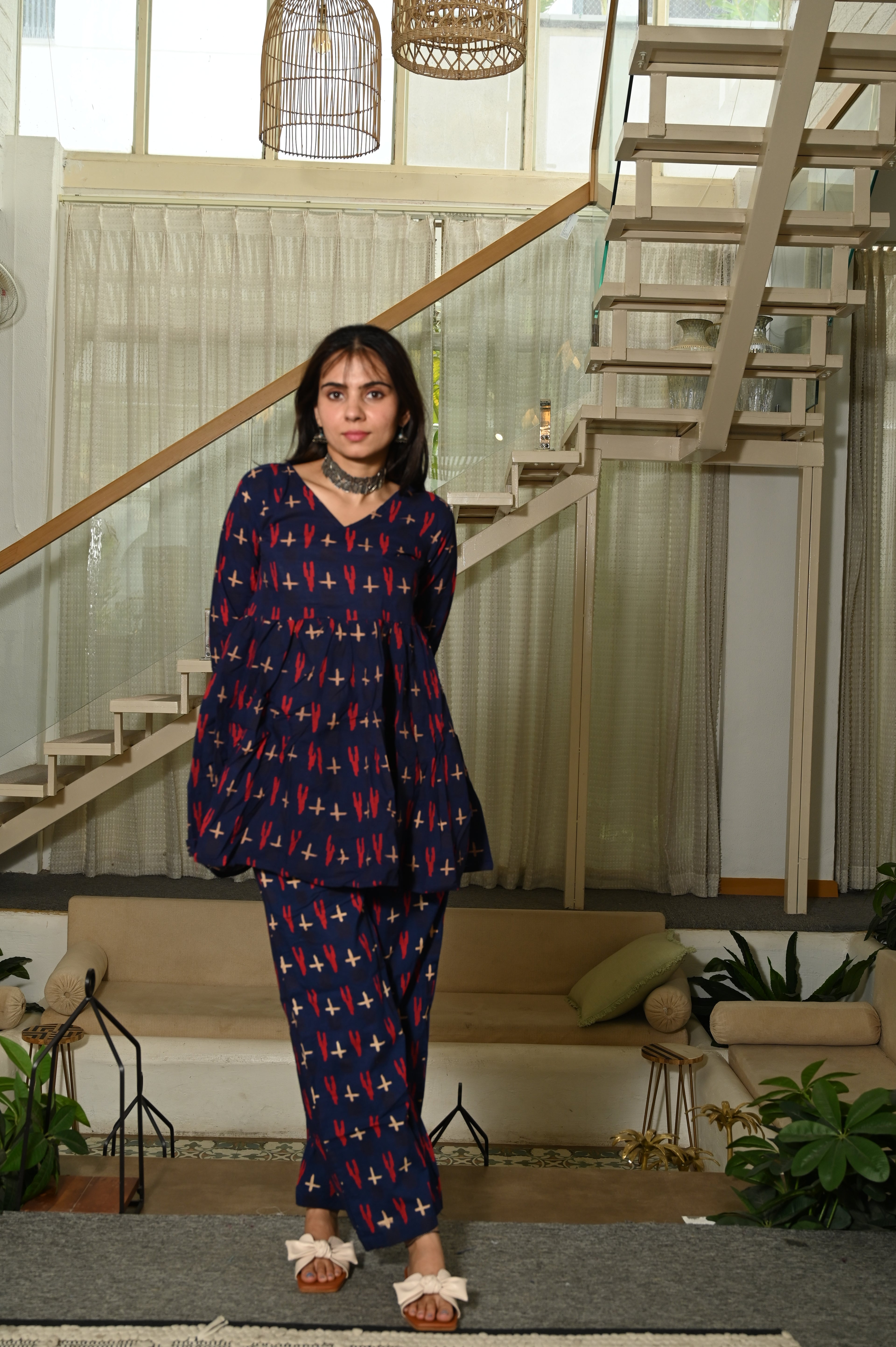 Navy Blue Printed Block Print Cotton Co-ord Set for Women – Peplum Kurta with Straight Pants