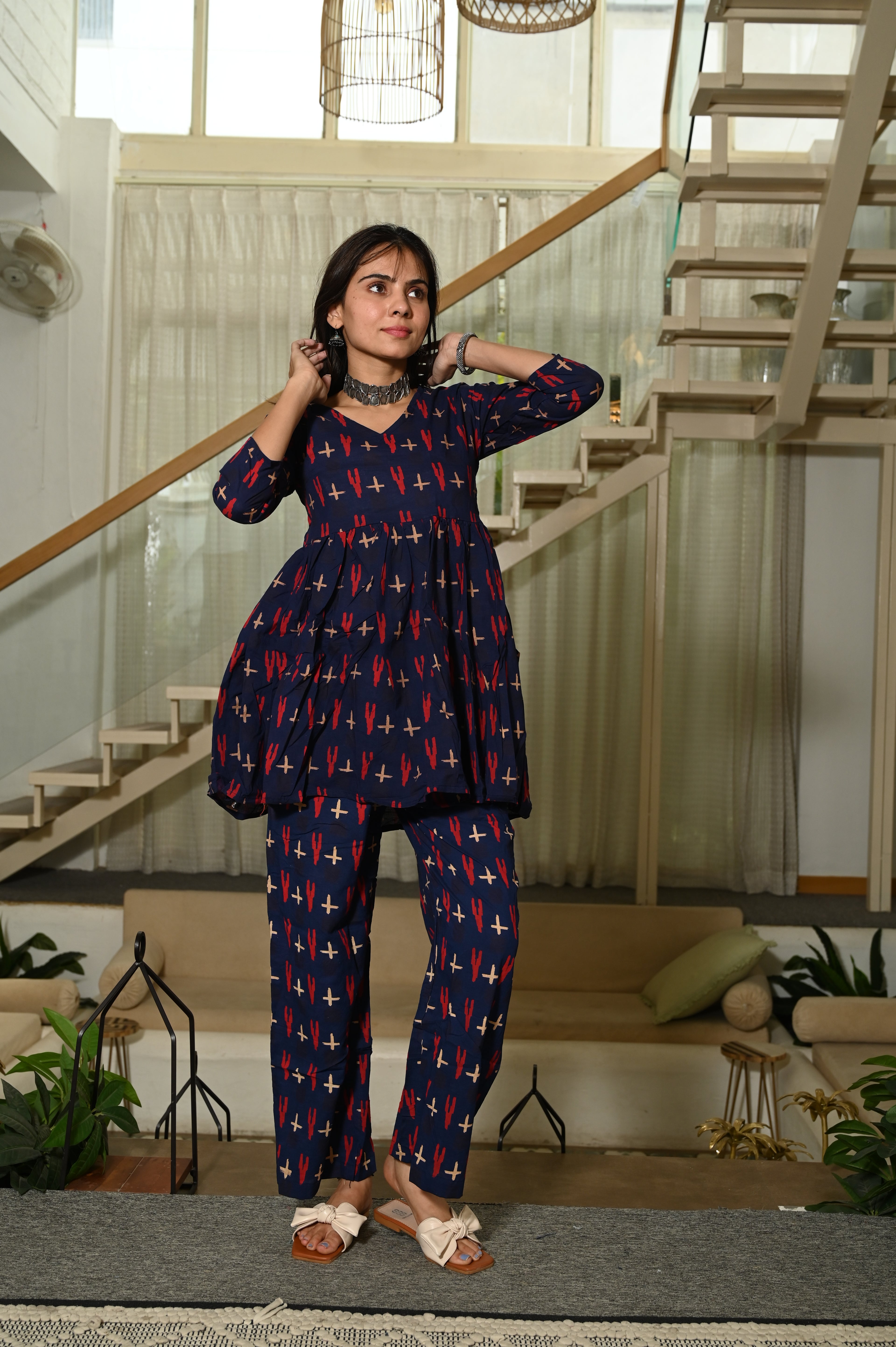 Navy Blue Printed Block Print Cotton Co-ord Set for Women – Peplum Kurta with Straight Pants