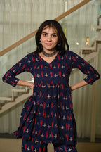 Navy Blue Printed Block Print Cotton Co-ord Set for Women – Peplum Kurta with Straight Pants