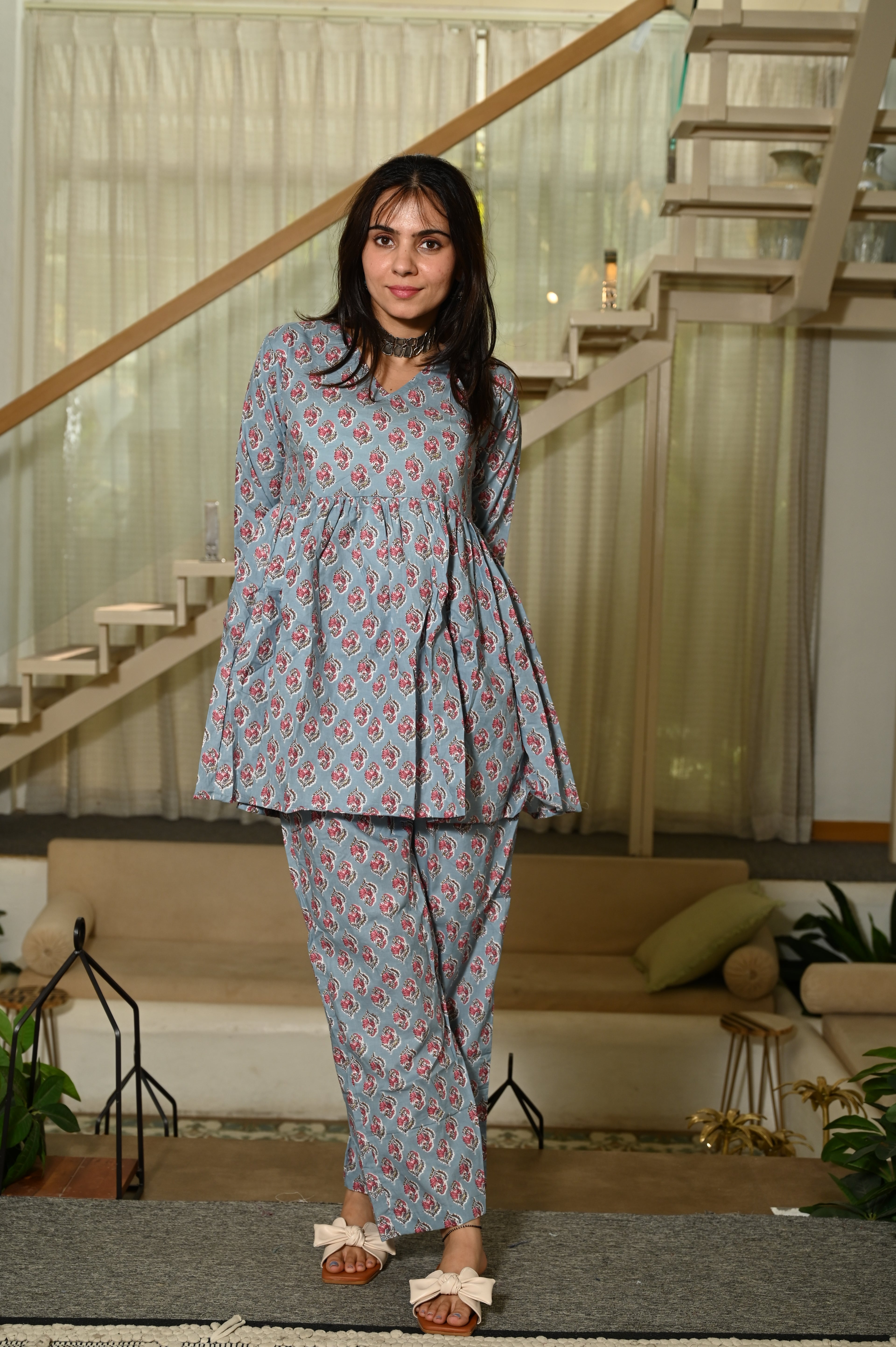 Grey Floral Block Print Cotton Co-ord Set for Women – Peplum Kurta with Straight Pants