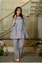 Grey Floral Block Print Cotton Co-ord Set for Women – Peplum Kurta with Straight Pants