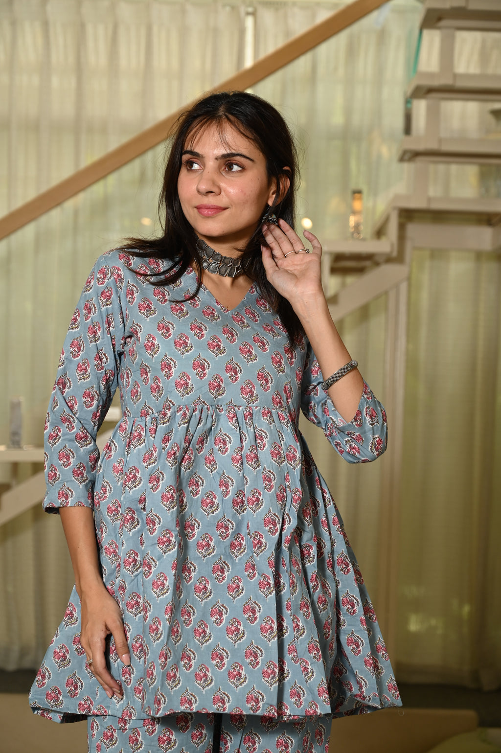Grey Floral Block Print Cotton Co-ord Set for Women – Peplum Kurta with Straight Pants