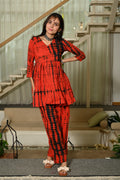 Red Floral Block Print Cotton Co-ord Set for Women – Peplum Kurta with Straight Pants