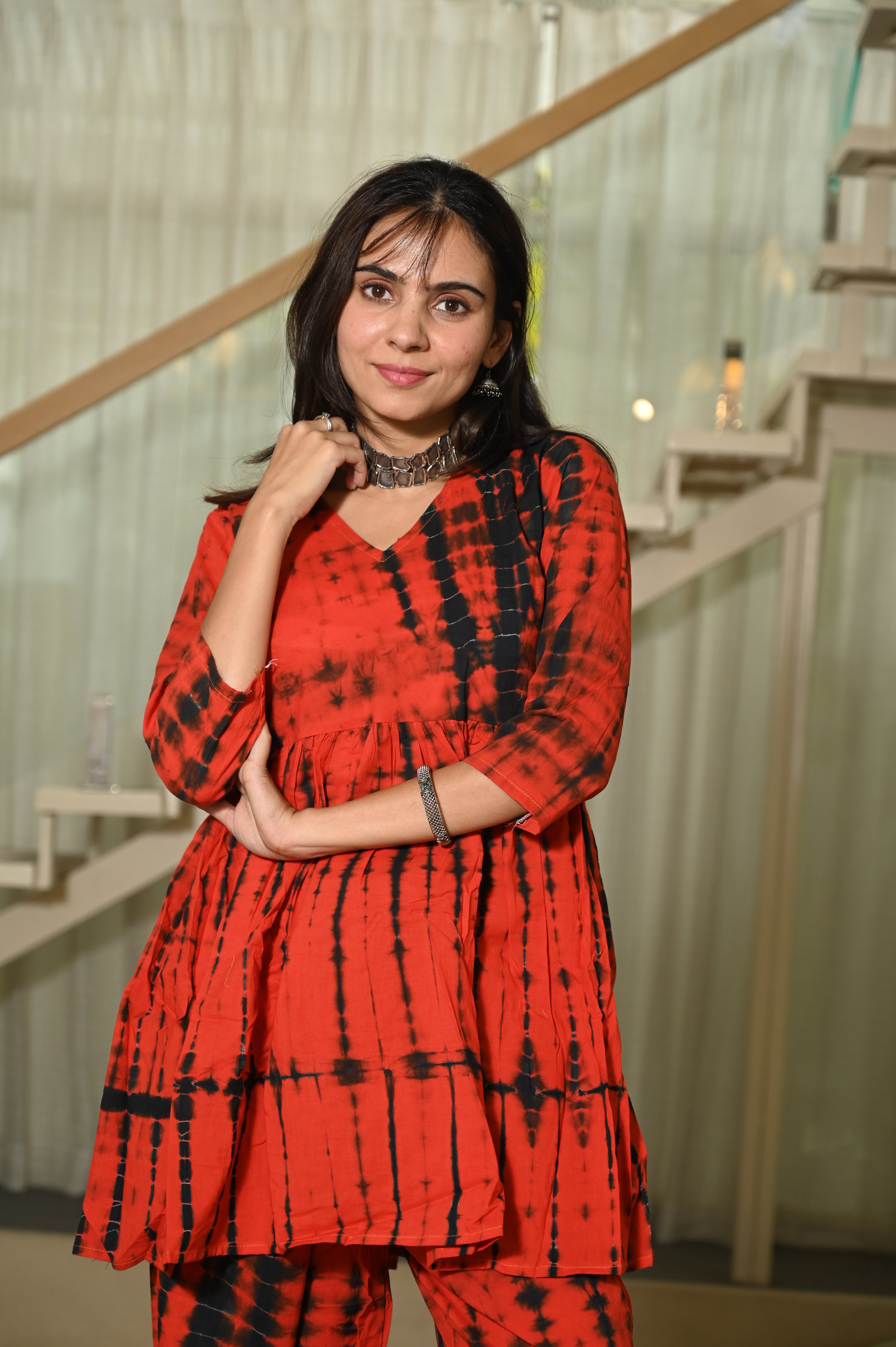 Red Floral Block Print Cotton Co-ord Set for Women – Peplum Kurta with Straight Pants