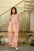 Peach Printed Block Print Cotton Co-ord Set for Women – Peplum Kurta with Straight Pants