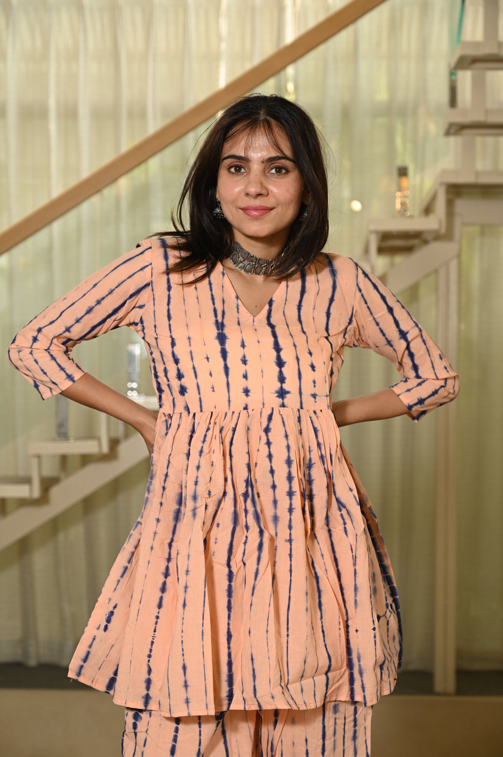 Peach Printed Block Print Cotton Co-ord Set for Women – Peplum Kurta with Straight Pants